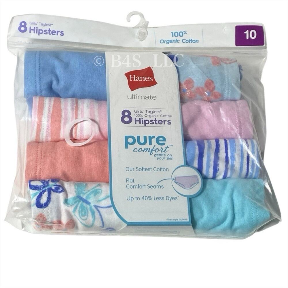 Hanes Girls Organic Cotton Hipster Underwear 8 Pack Multicolor Size 10